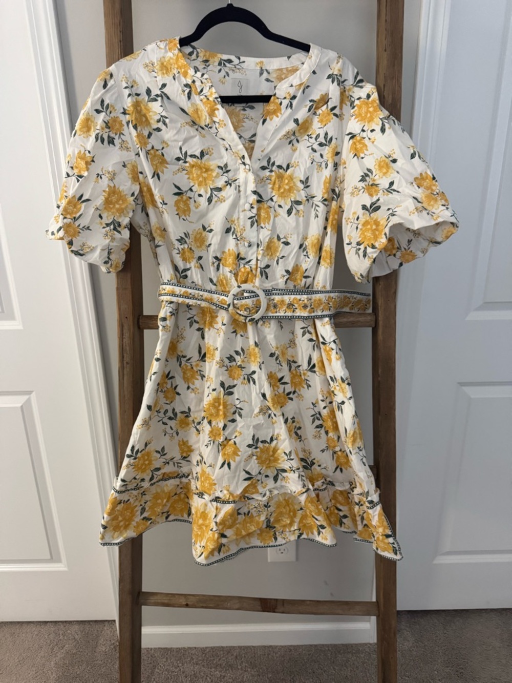 Joie White Dress with Yellow Floral Print and Decorative Belt